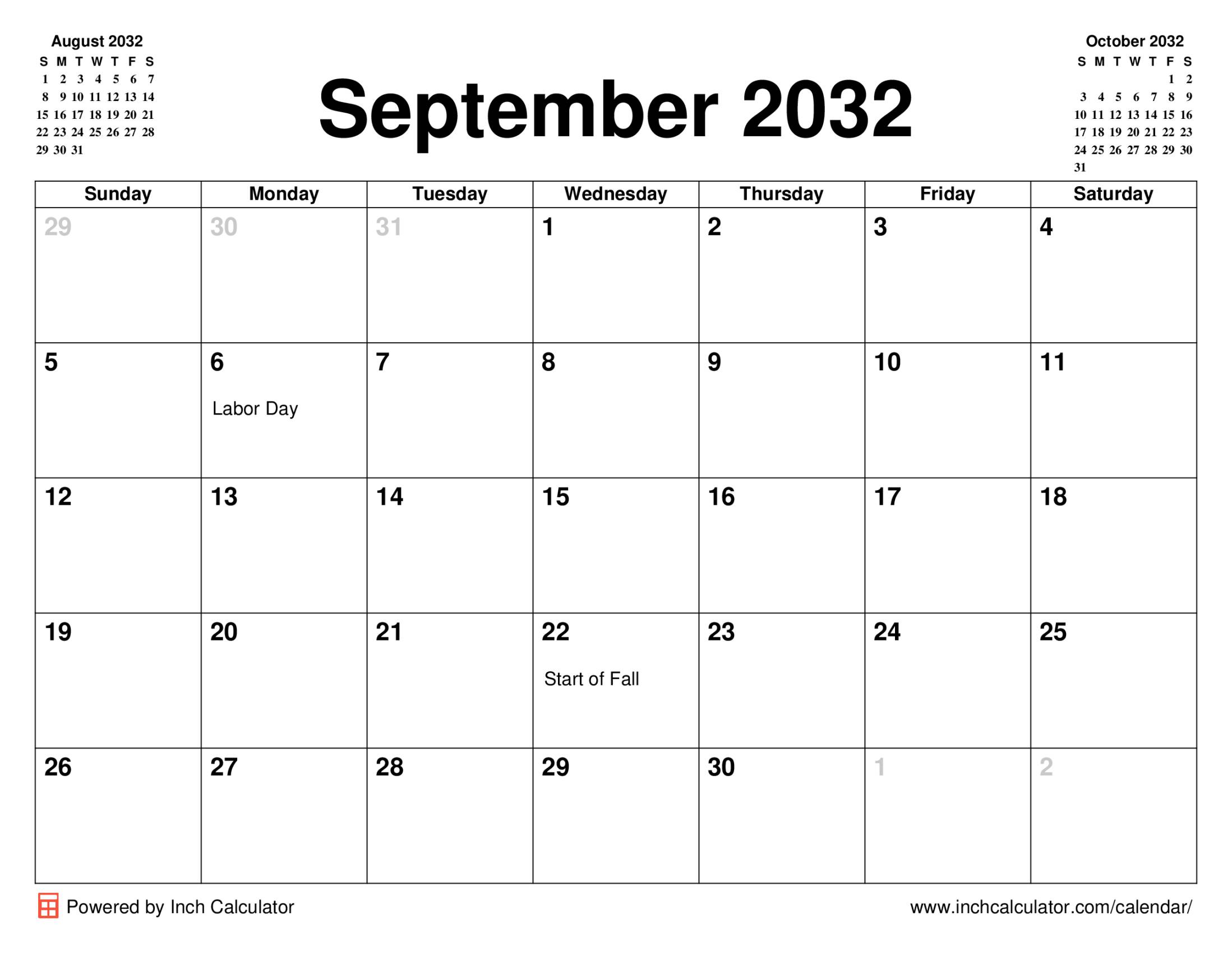 September 2032 calendar with holidays