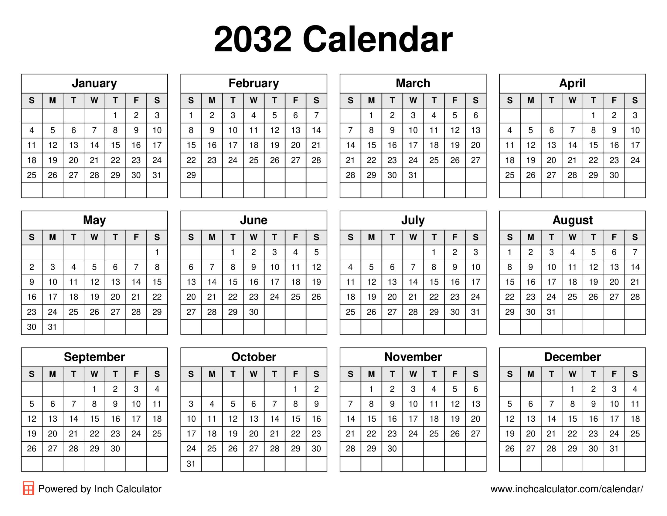 2032 calendar (landscape)