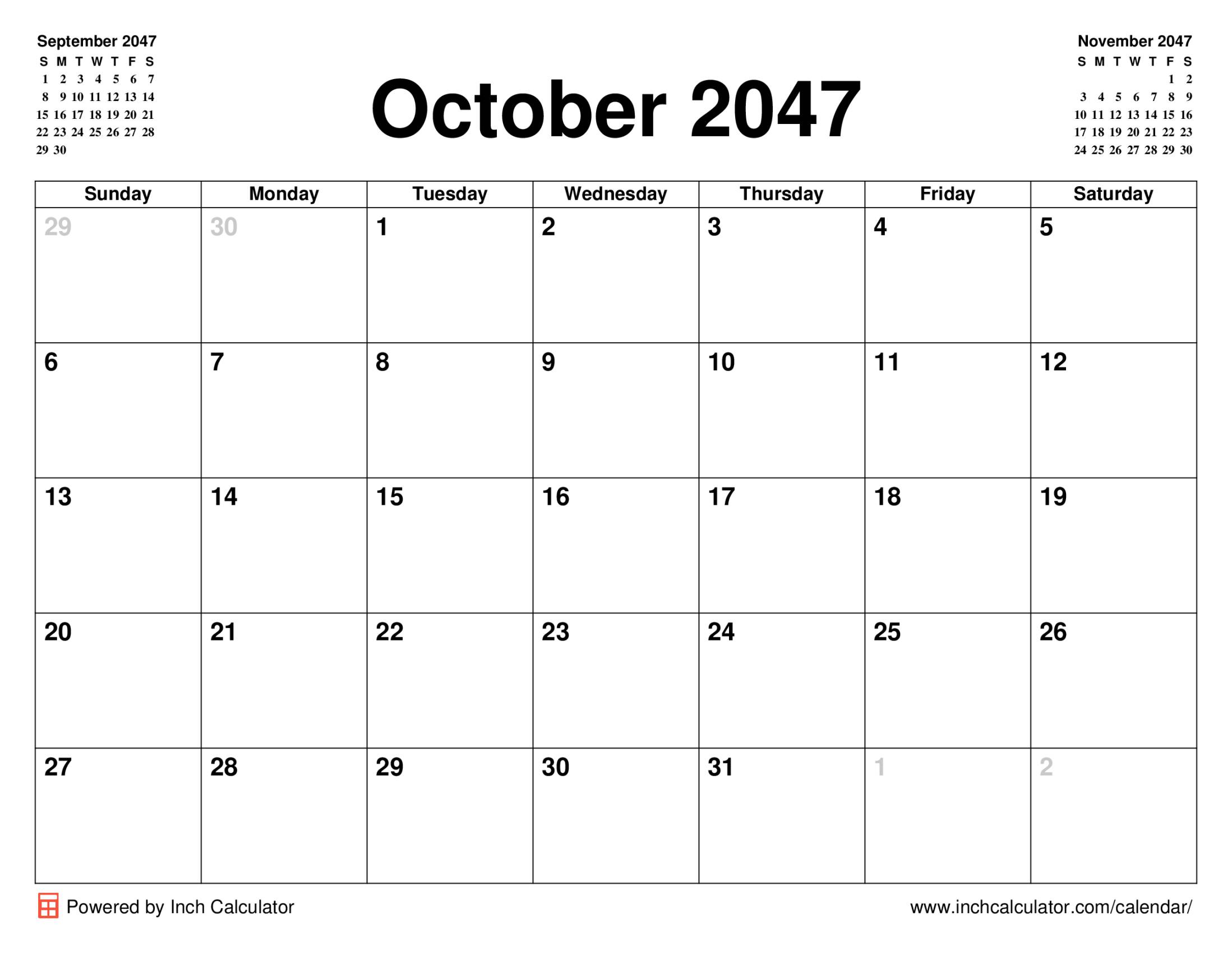 October 2047 Calendar - Inch Calculator